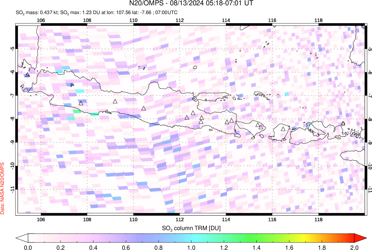 A sulfur dioxide image over Java, Indonesia on Aug 13, 2024.