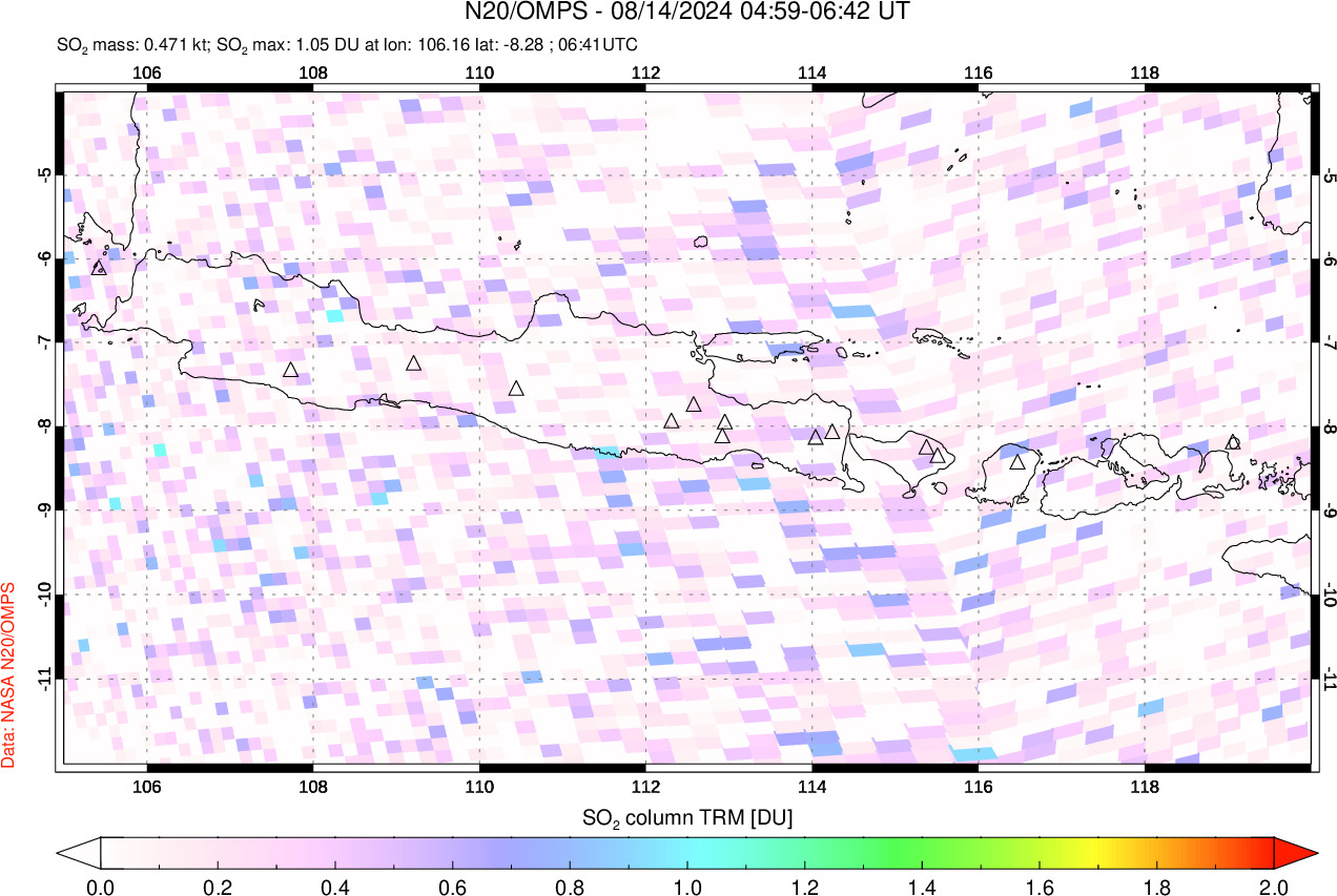 A sulfur dioxide image over Java, Indonesia on Aug 14, 2024.