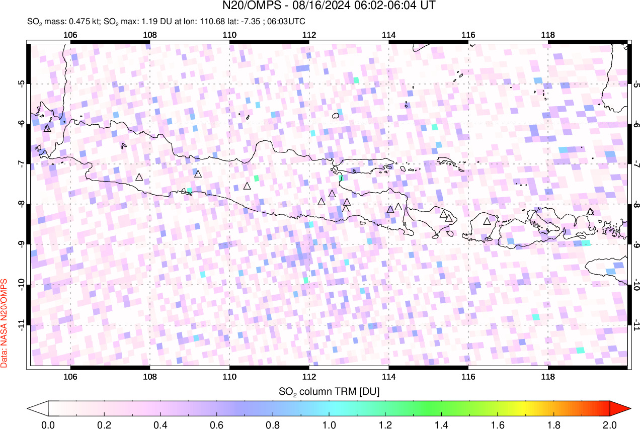 A sulfur dioxide image over Java, Indonesia on Aug 16, 2024.