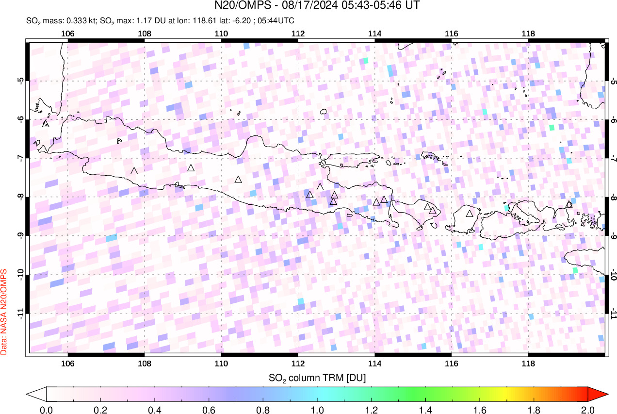 A sulfur dioxide image over Java, Indonesia on Aug 17, 2024.