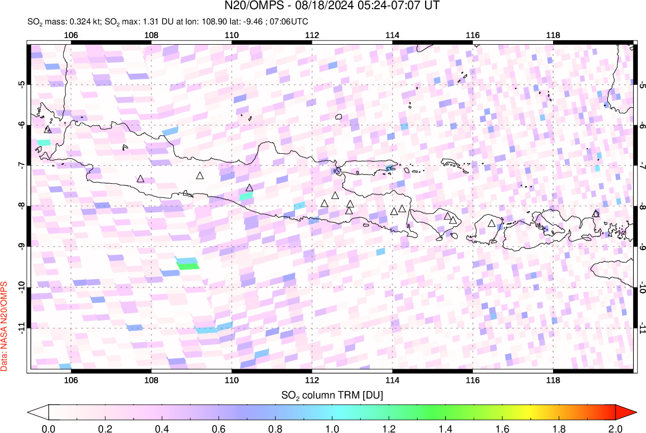 A sulfur dioxide image over Java, Indonesia on Aug 18, 2024.