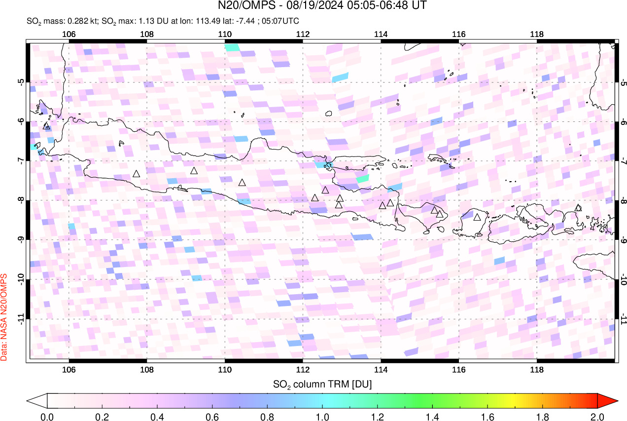 A sulfur dioxide image over Java, Indonesia on Aug 19, 2024.