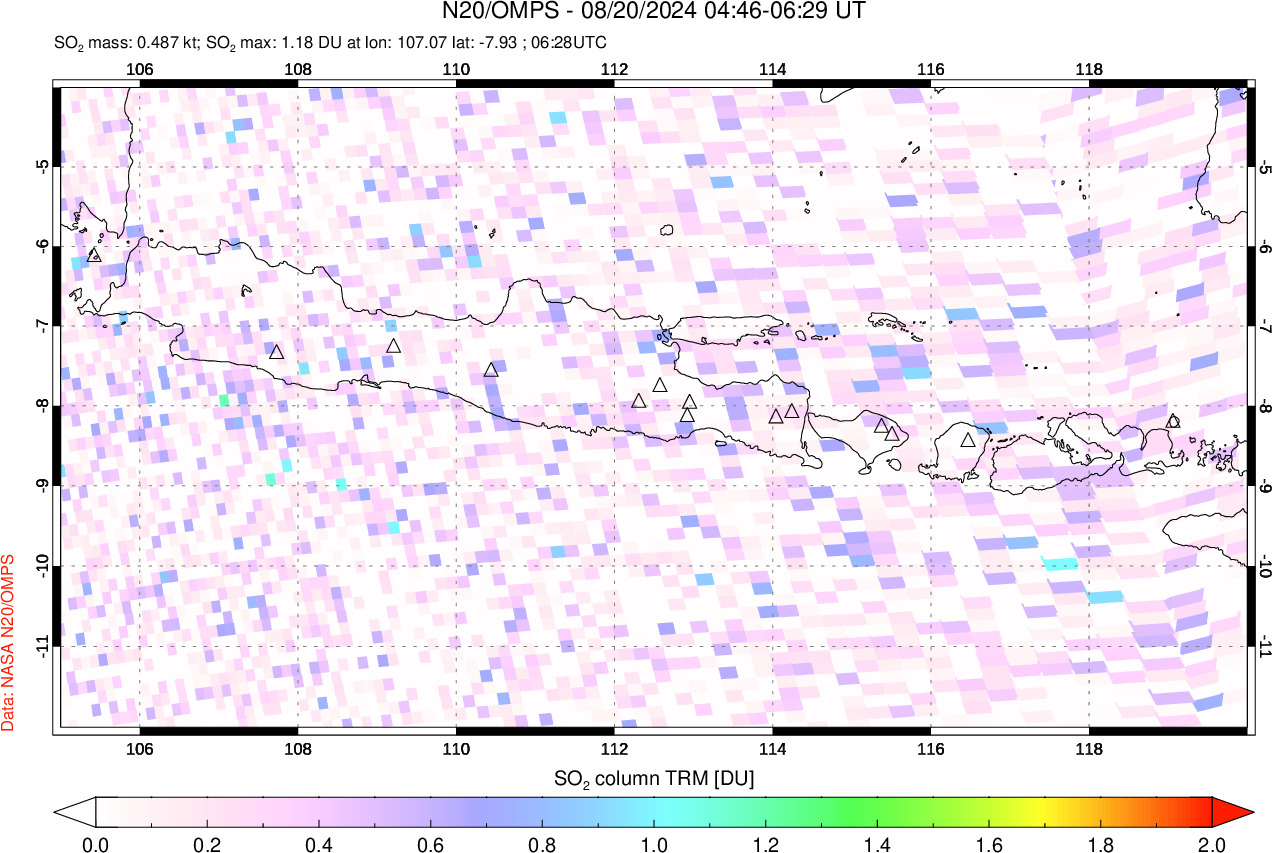 A sulfur dioxide image over Java, Indonesia on Aug 20, 2024.