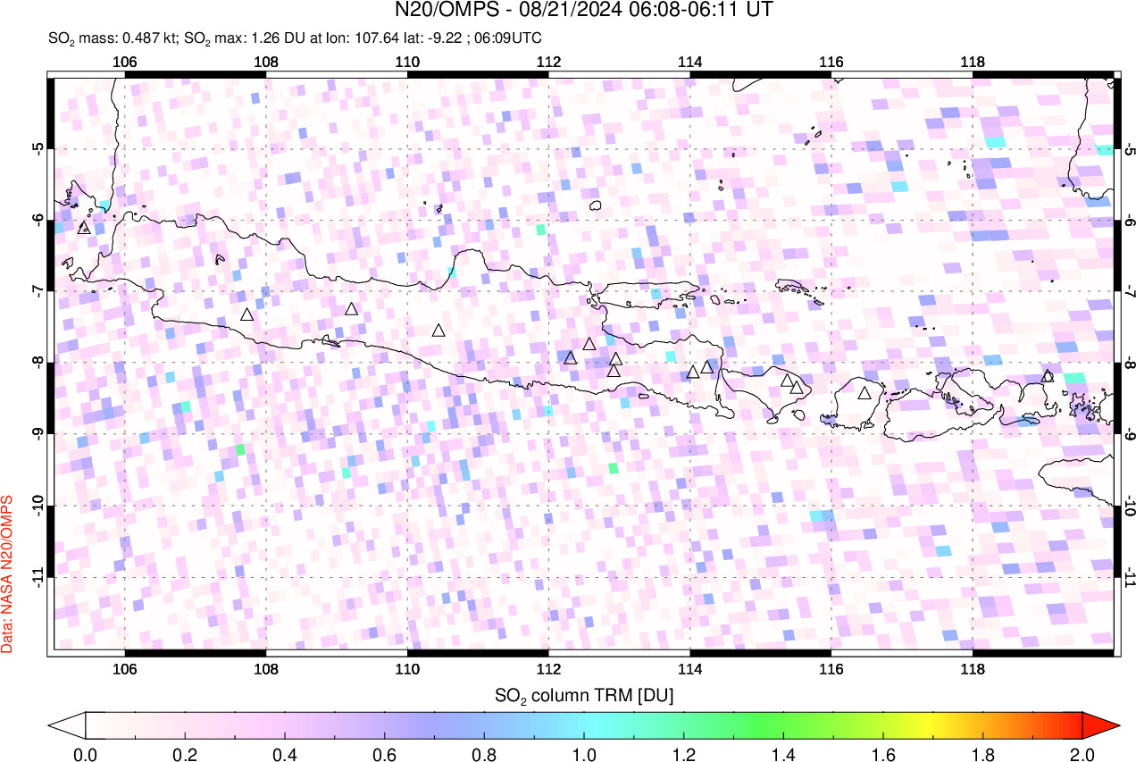 A sulfur dioxide image over Java, Indonesia on Aug 21, 2024.