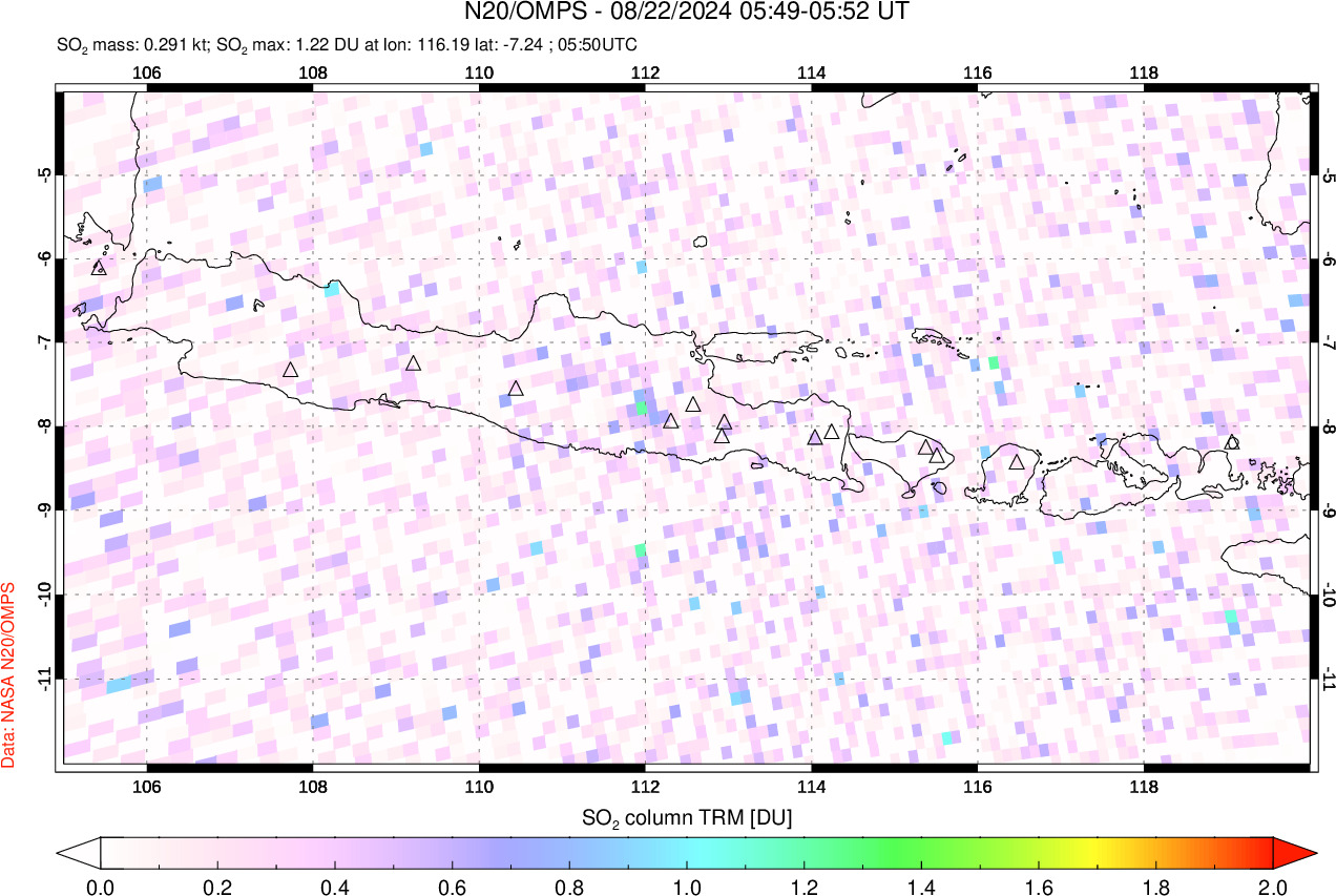 A sulfur dioxide image over Java, Indonesia on Aug 22, 2024.