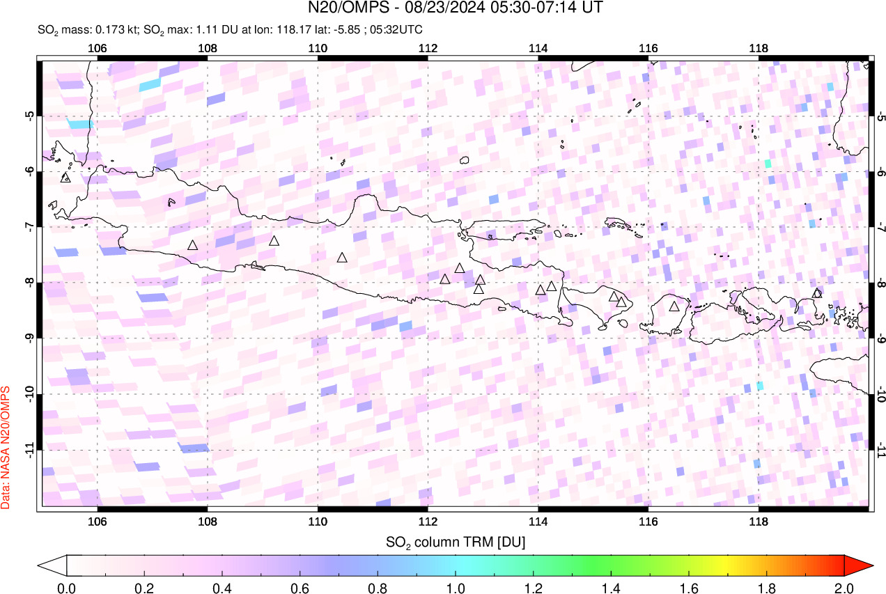 A sulfur dioxide image over Java, Indonesia on Aug 23, 2024.