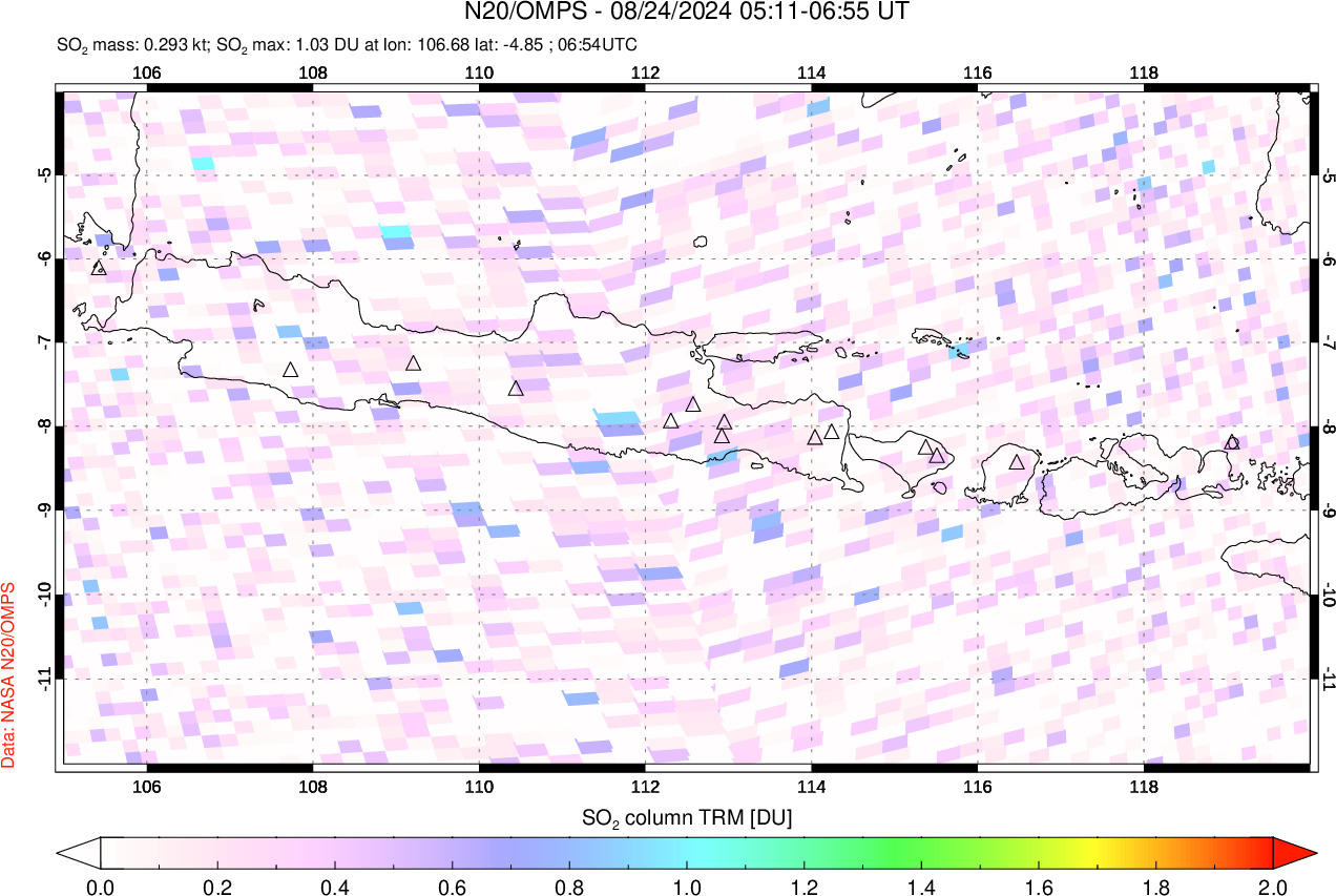 A sulfur dioxide image over Java, Indonesia on Aug 24, 2024.