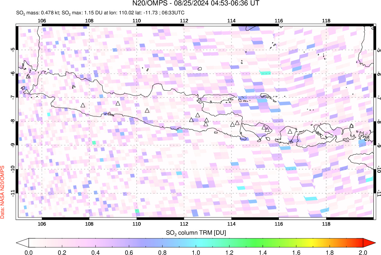 A sulfur dioxide image over Java, Indonesia on Aug 25, 2024.