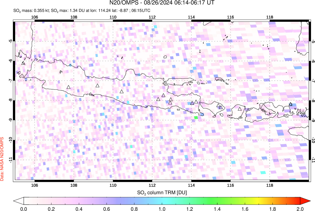 A sulfur dioxide image over Java, Indonesia on Aug 26, 2024.