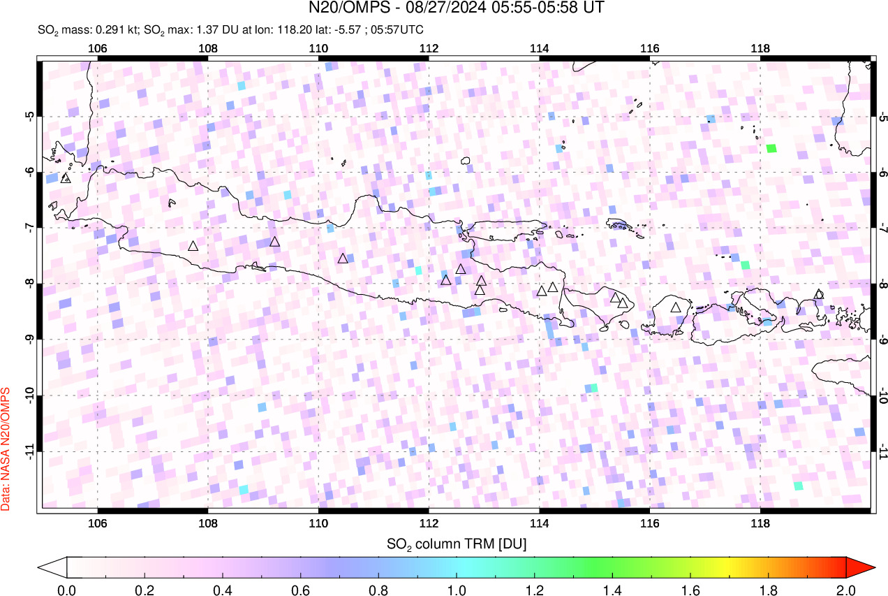 A sulfur dioxide image over Java, Indonesia on Aug 27, 2024.