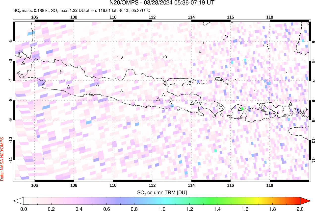 A sulfur dioxide image over Java, Indonesia on Aug 28, 2024.