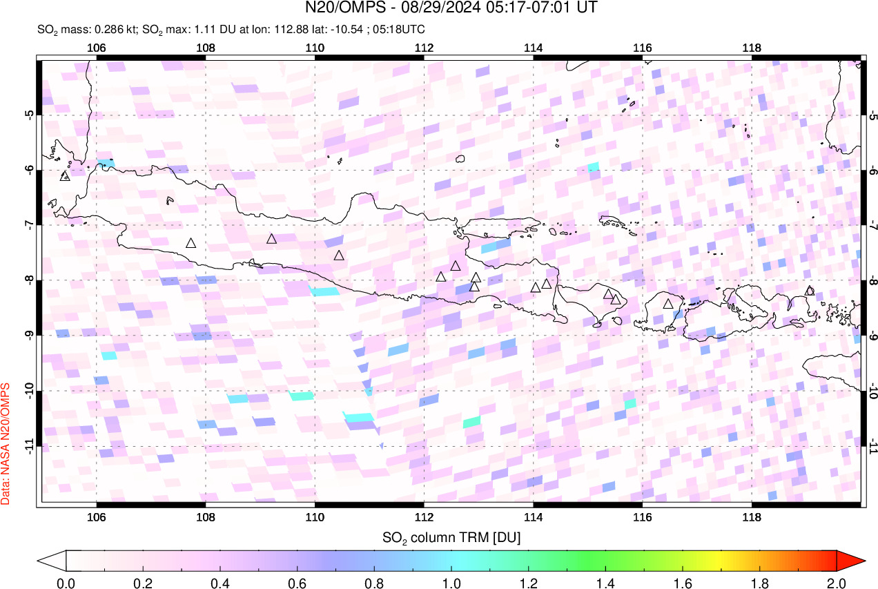 A sulfur dioxide image over Java, Indonesia on Aug 29, 2024.