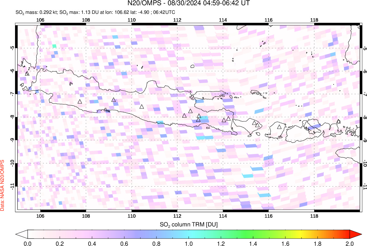 A sulfur dioxide image over Java, Indonesia on Aug 30, 2024.