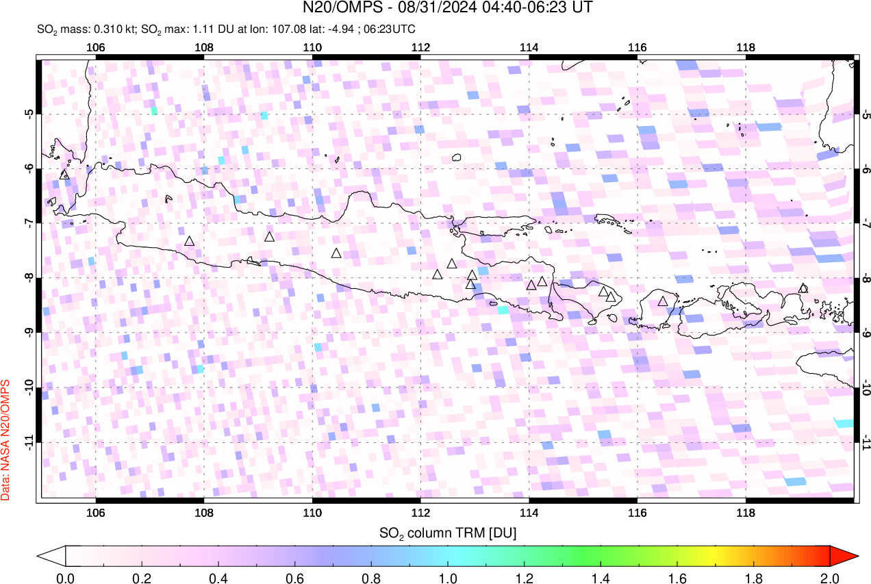 A sulfur dioxide image over Java, Indonesia on Aug 31, 2024.