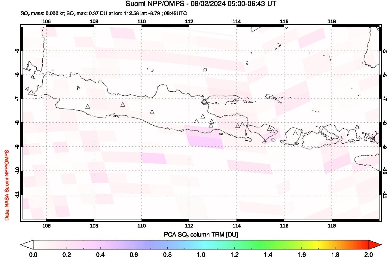 A sulfur dioxide image over Java, Indonesia on Aug 02, 2024.