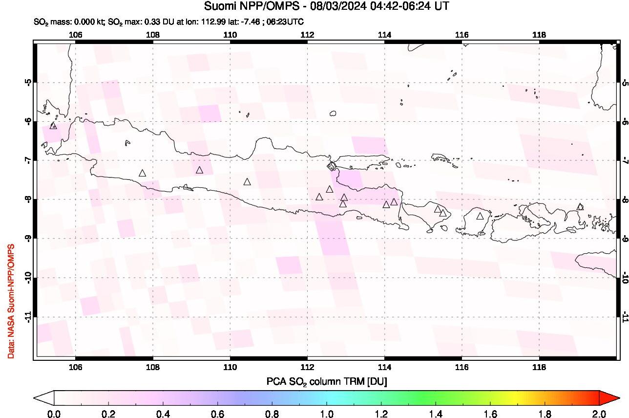 A sulfur dioxide image over Java, Indonesia on Aug 03, 2024.