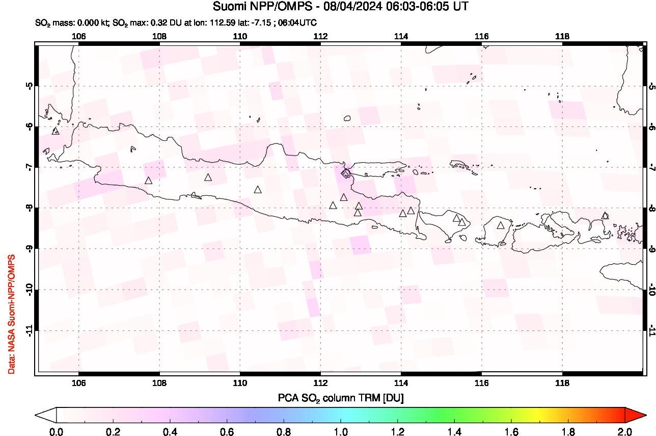 A sulfur dioxide image over Java, Indonesia on Aug 04, 2024.