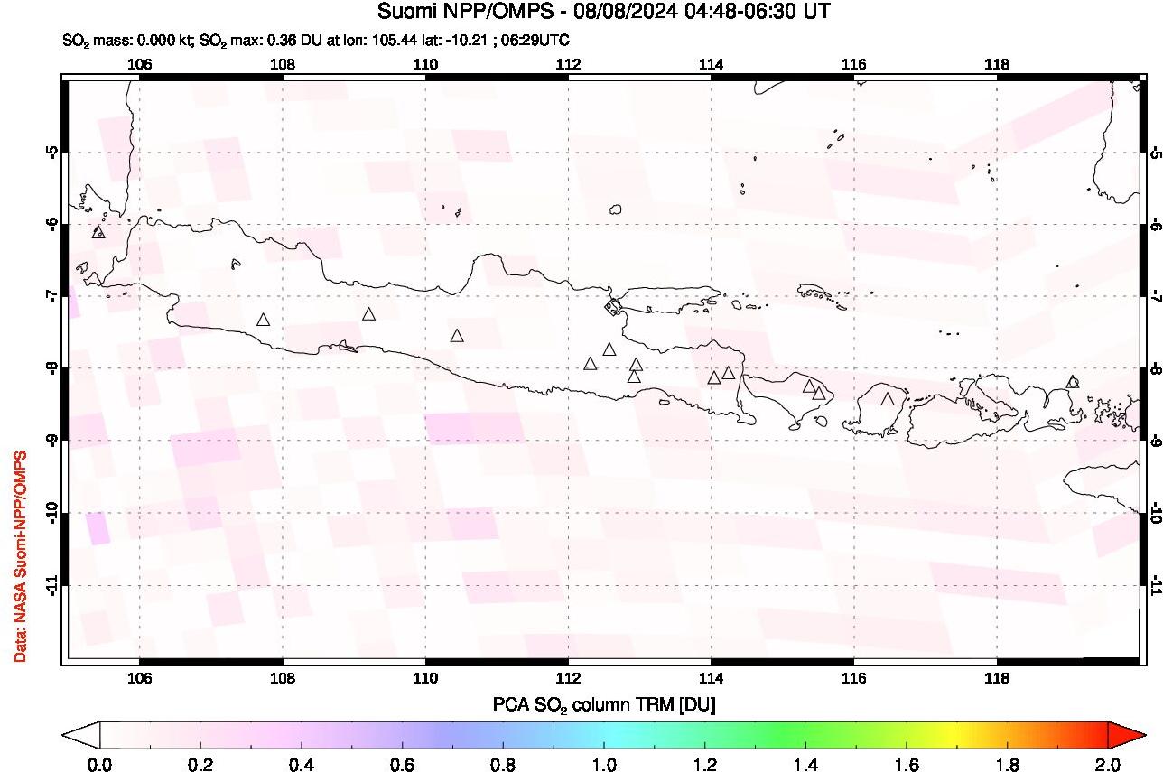 A sulfur dioxide image over Java, Indonesia on Aug 08, 2024.