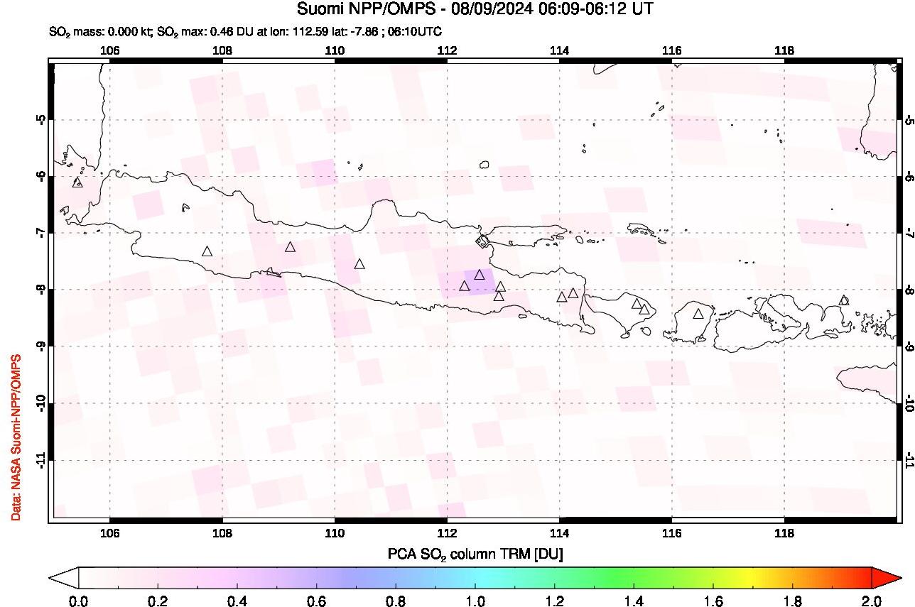 A sulfur dioxide image over Java, Indonesia on Aug 09, 2024.