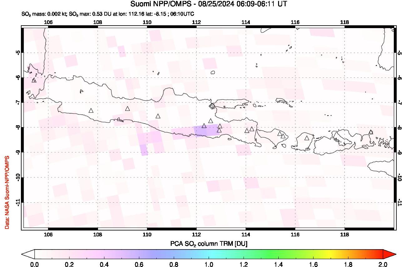 A sulfur dioxide image over Java, Indonesia on Aug 25, 2024.