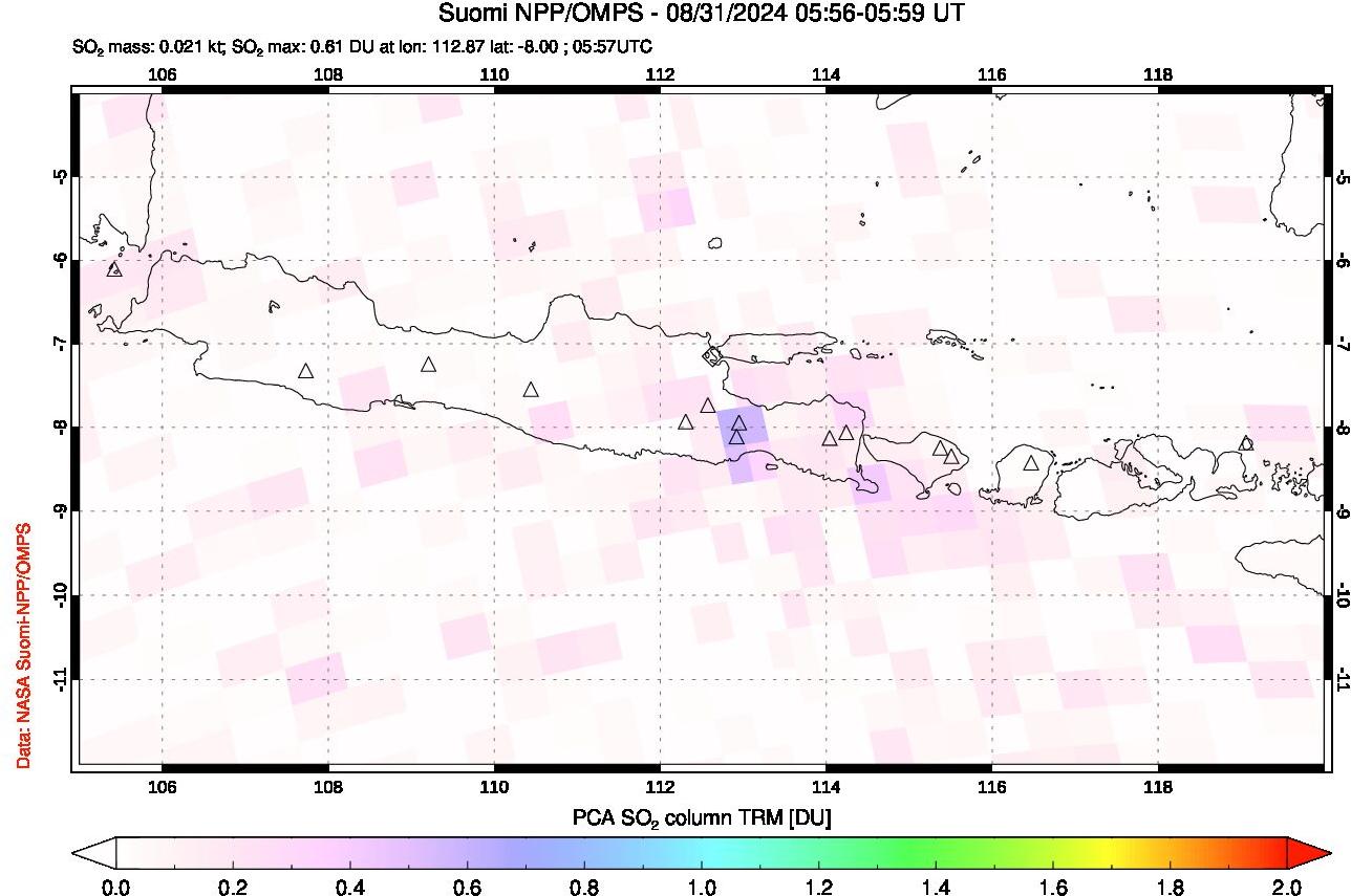 A sulfur dioxide image over Java, Indonesia on Aug 31, 2024.