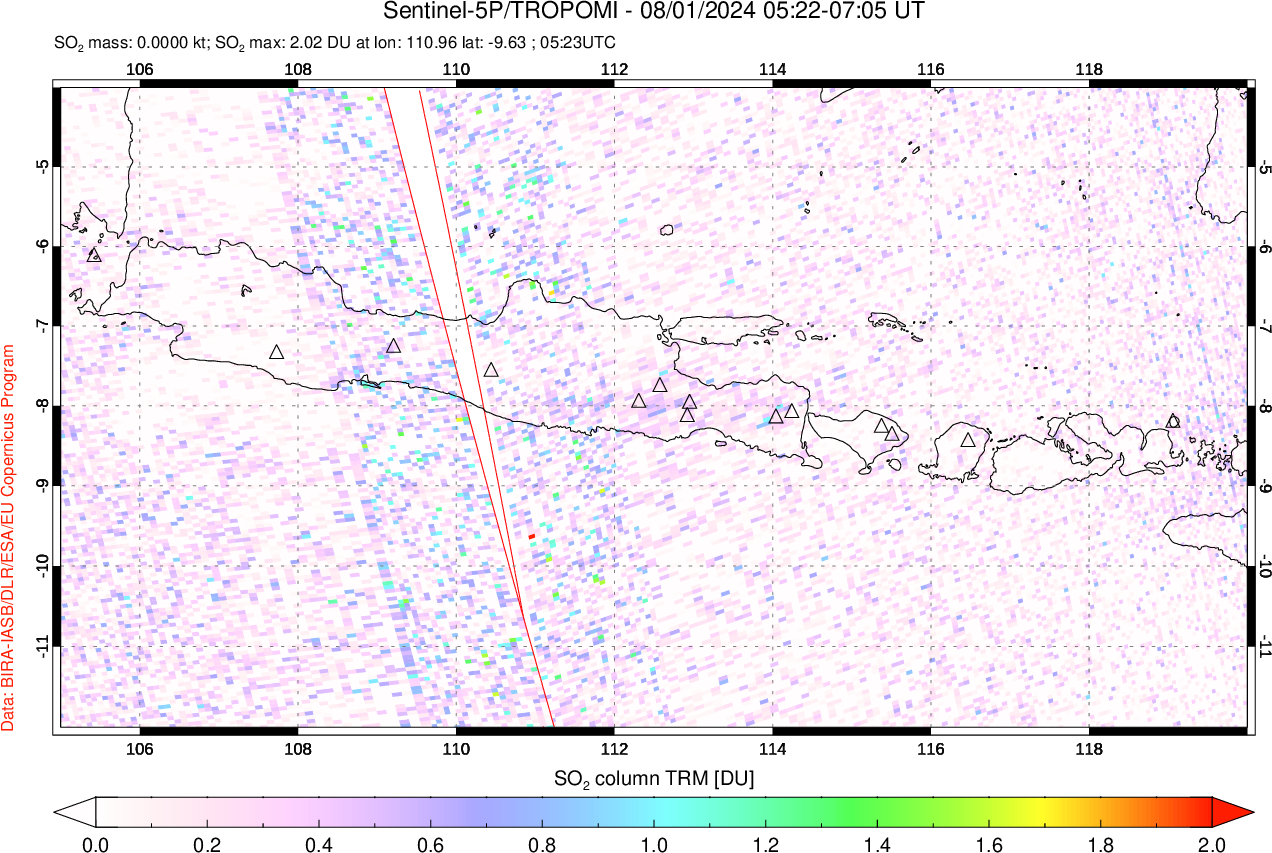 A sulfur dioxide image over Java, Indonesia on Aug 01, 2024.