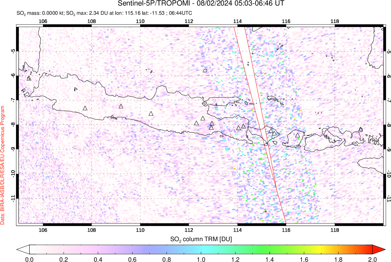 A sulfur dioxide image over Java, Indonesia on Aug 02, 2024.