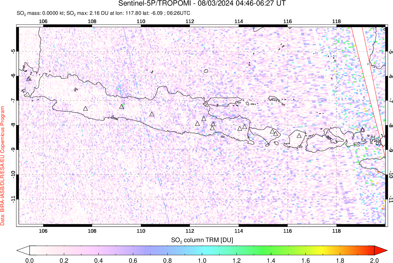 A sulfur dioxide image over Java, Indonesia on Aug 03, 2024.