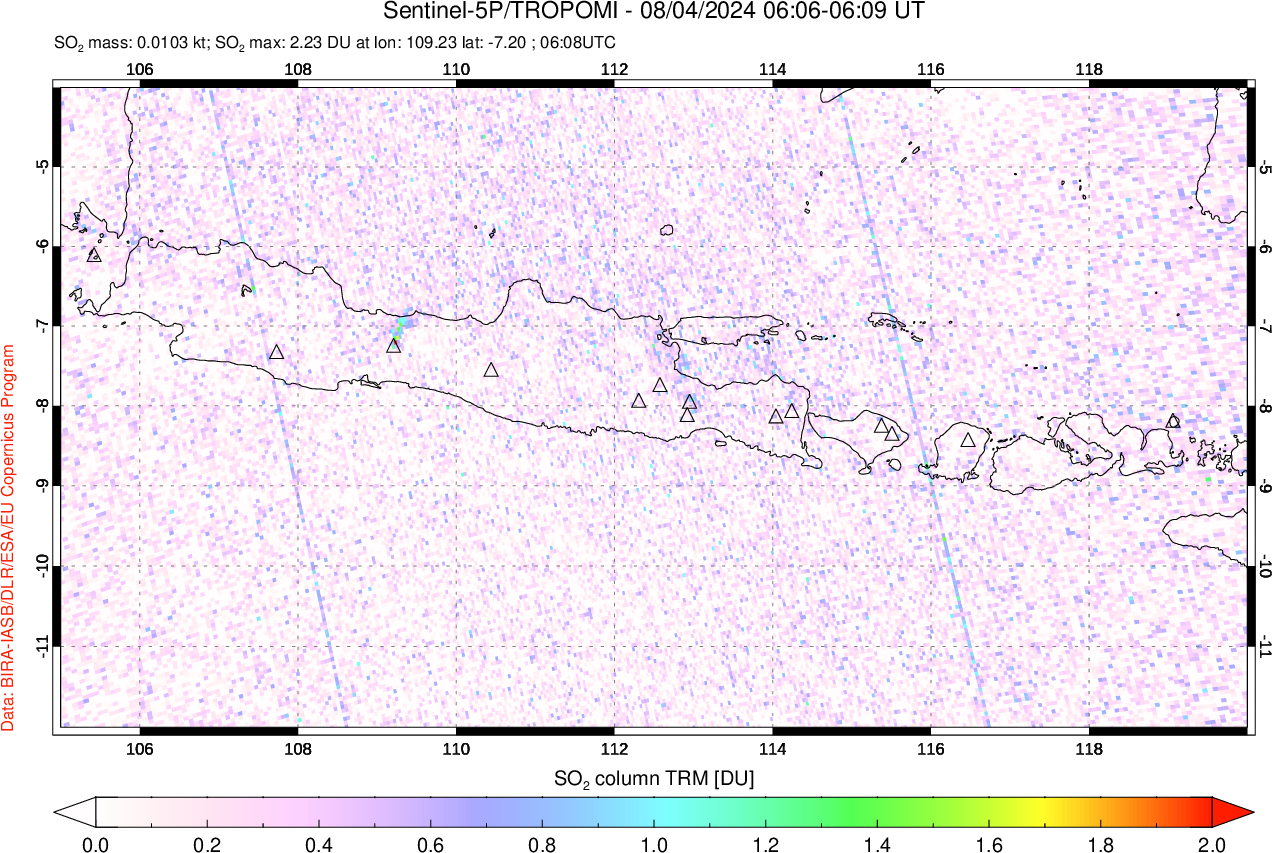 A sulfur dioxide image over Java, Indonesia on Aug 04, 2024.