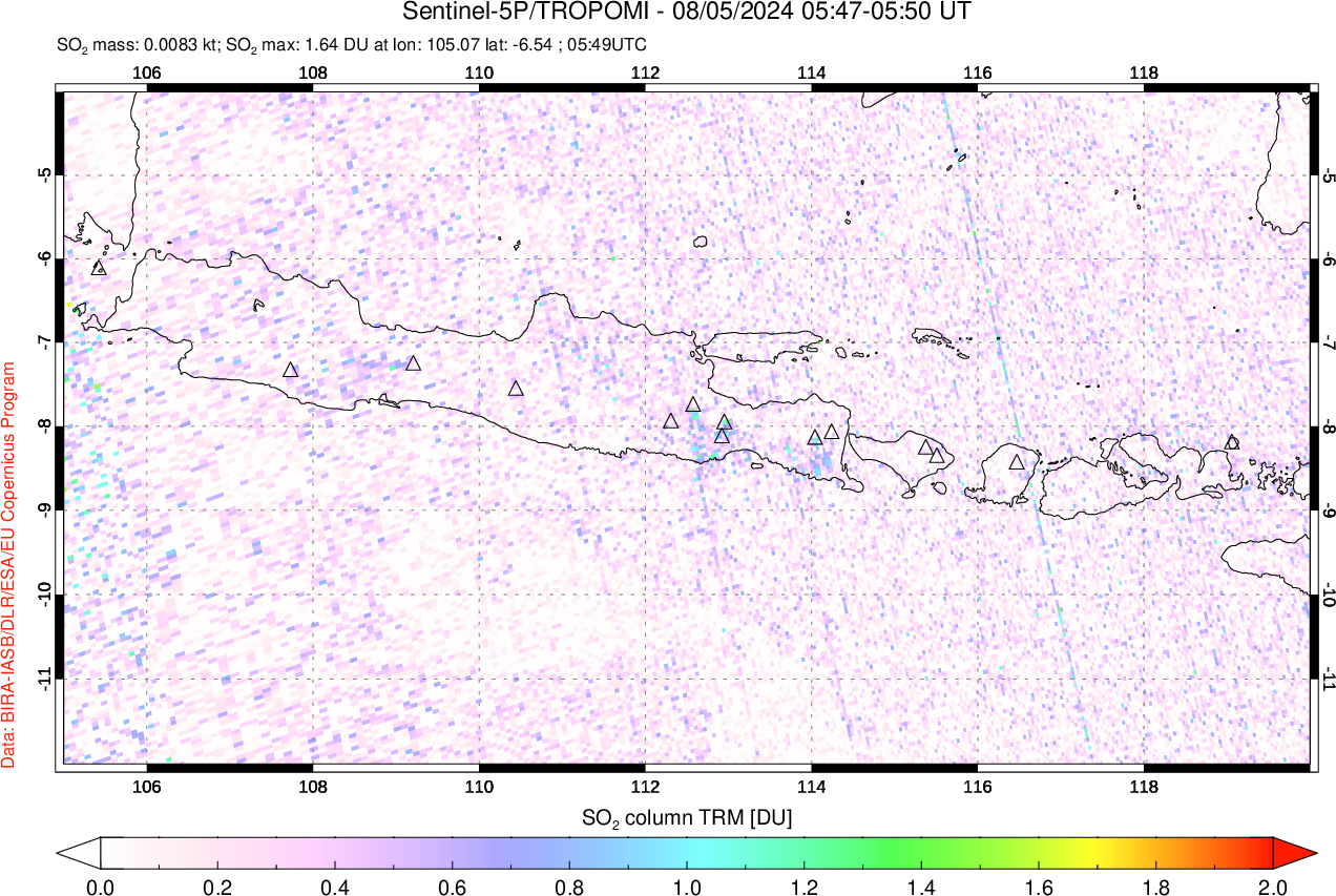 A sulfur dioxide image over Java, Indonesia on Aug 05, 2024.