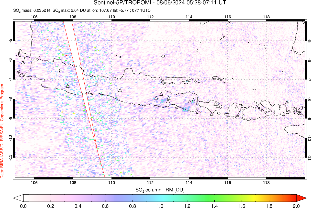 A sulfur dioxide image over Java, Indonesia on Aug 06, 2024.