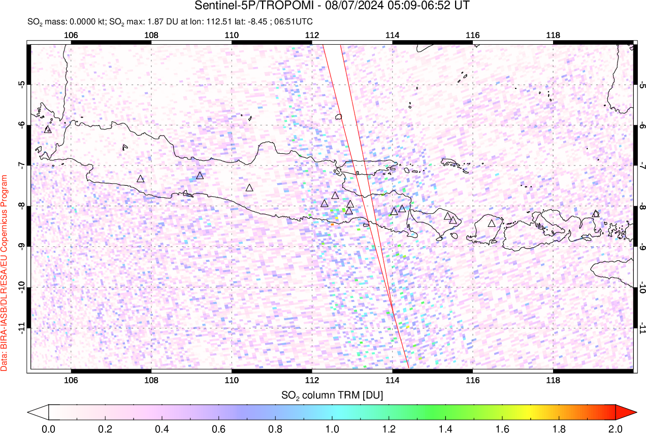 A sulfur dioxide image over Java, Indonesia on Aug 07, 2024.