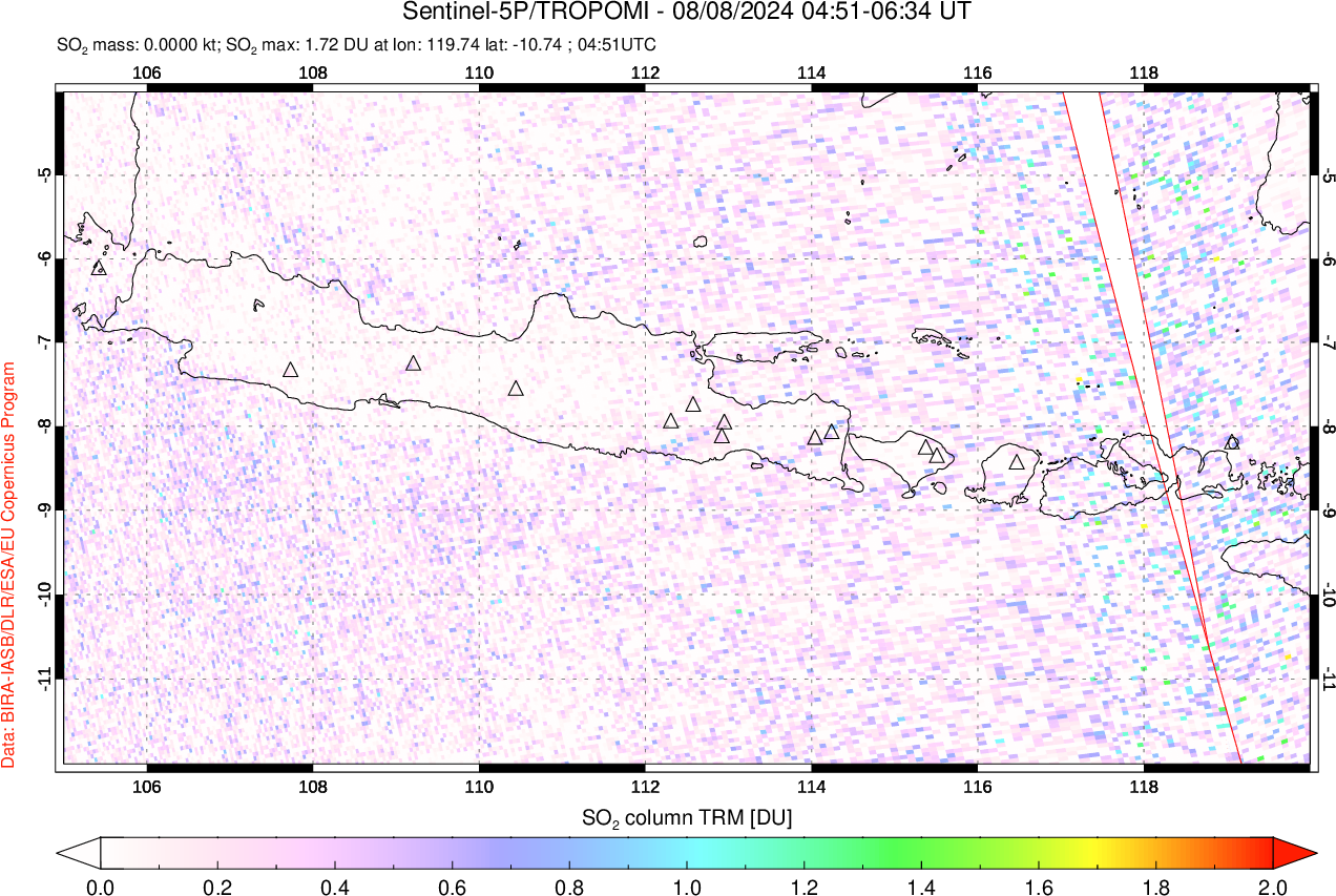 A sulfur dioxide image over Java, Indonesia on Aug 08, 2024.