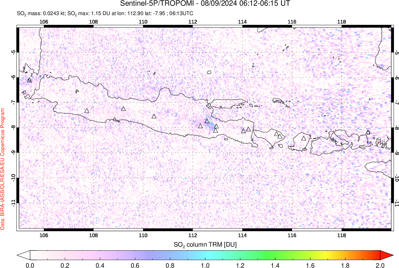 A sulfur dioxide image over Java, Indonesia on Aug 09, 2024.