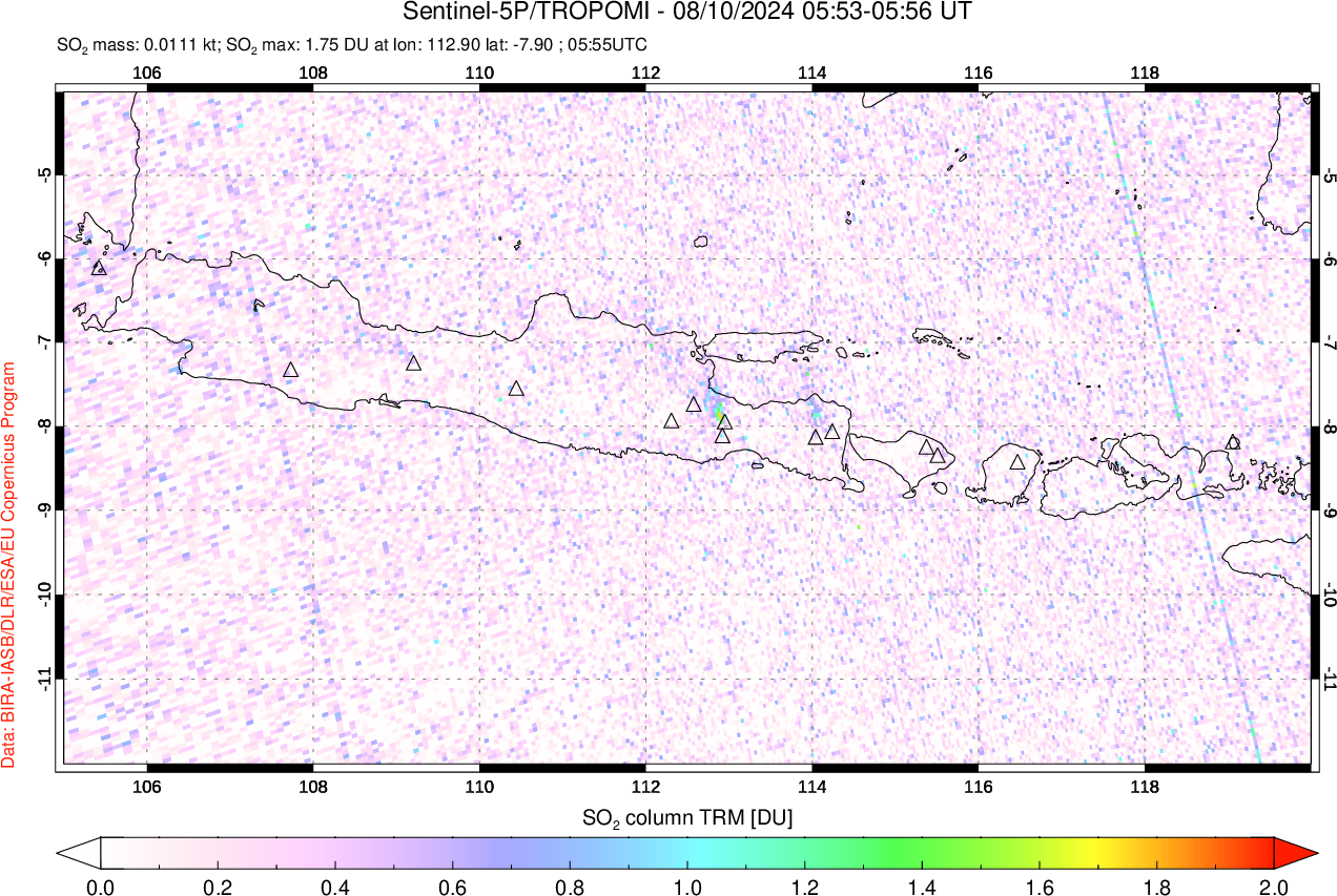 A sulfur dioxide image over Java, Indonesia on Aug 10, 2024.