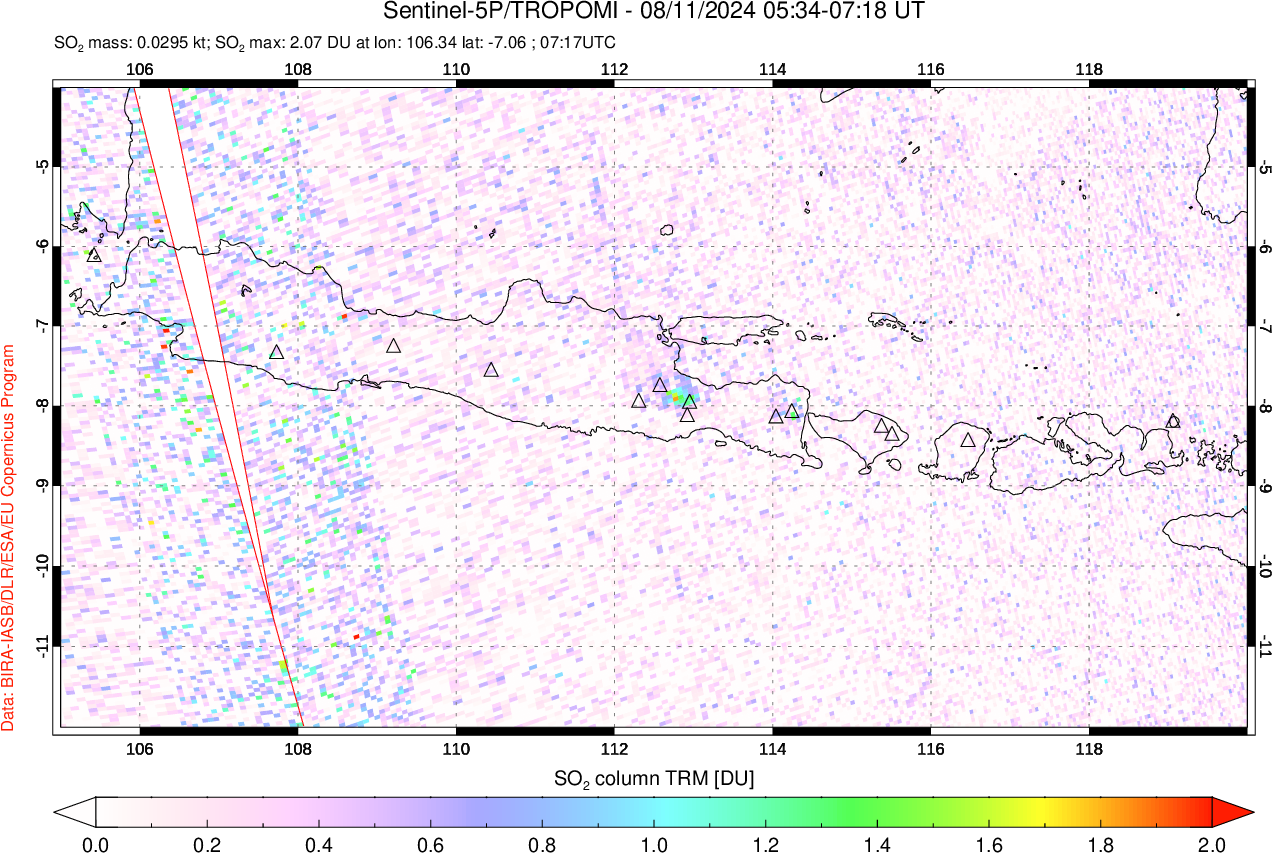 A sulfur dioxide image over Java, Indonesia on Aug 11, 2024.