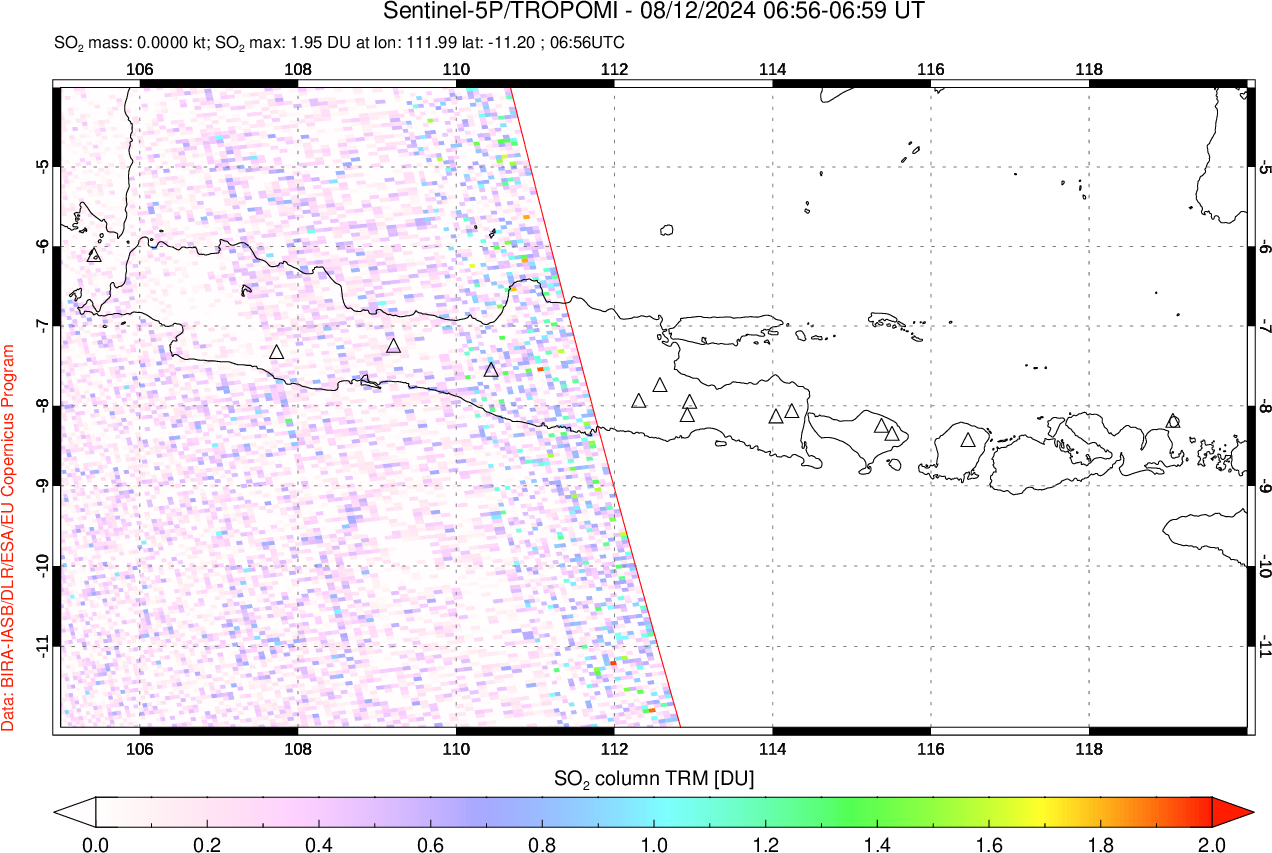 A sulfur dioxide image over Java, Indonesia on Aug 12, 2024.