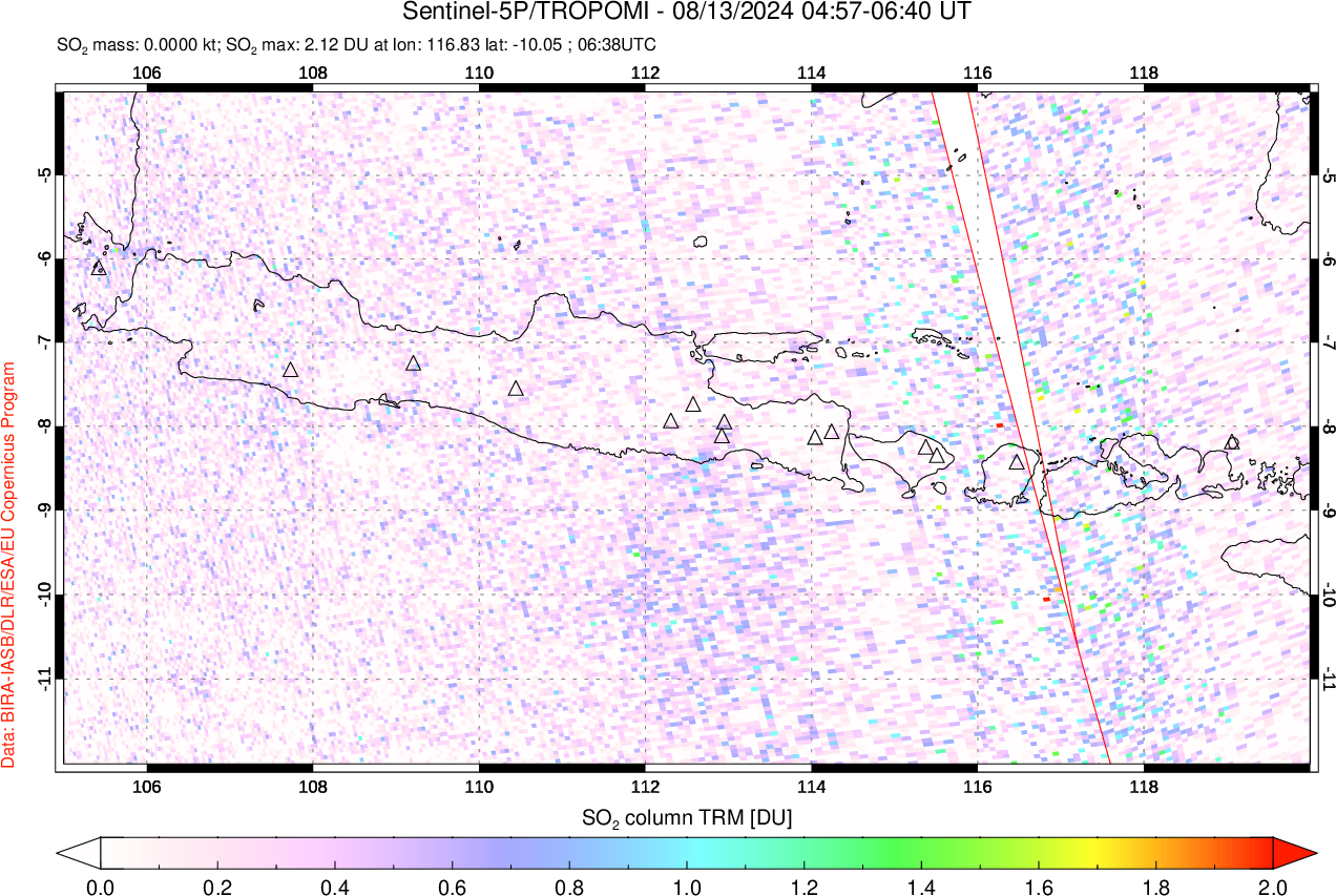 A sulfur dioxide image over Java, Indonesia on Aug 13, 2024.