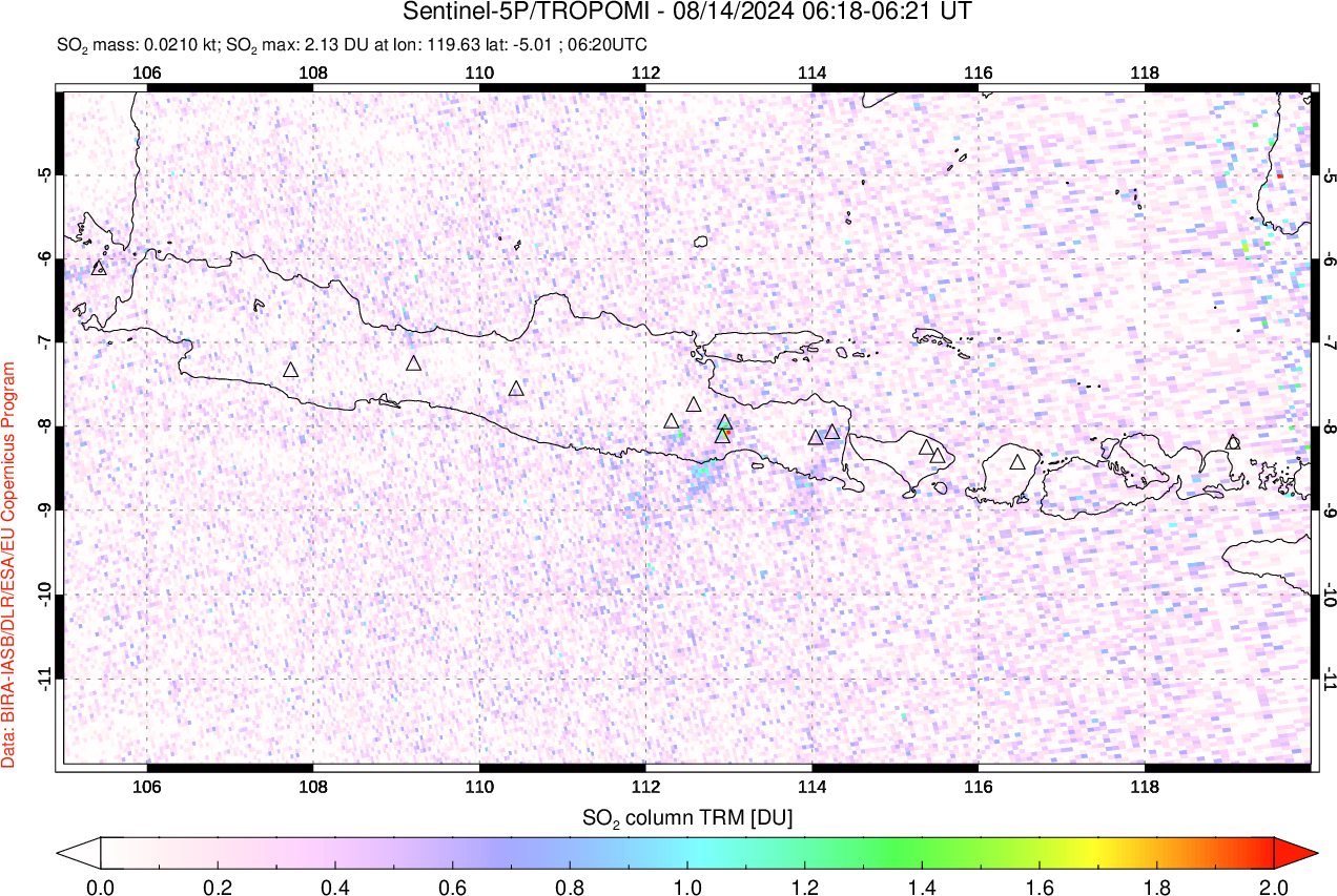 A sulfur dioxide image over Java, Indonesia on Aug 14, 2024.