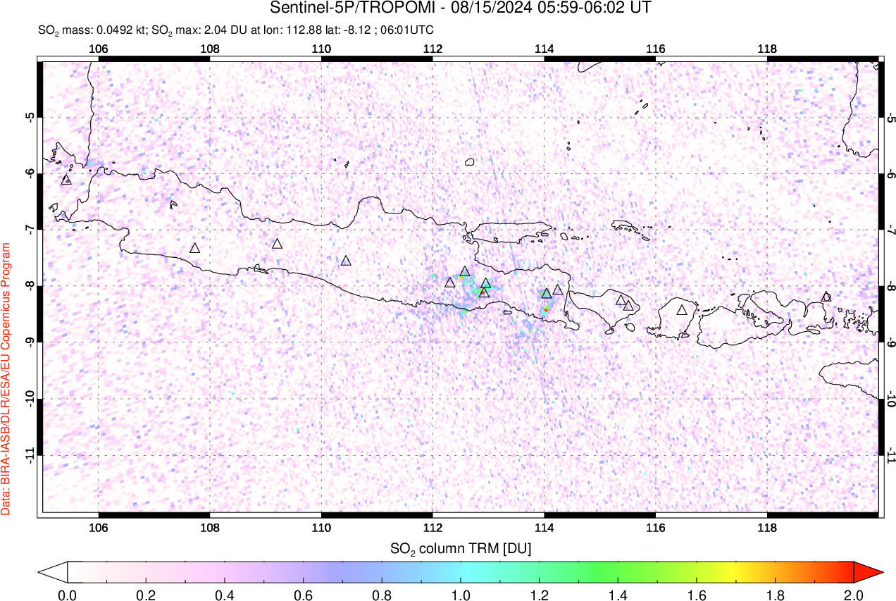 A sulfur dioxide image over Java, Indonesia on Aug 15, 2024.