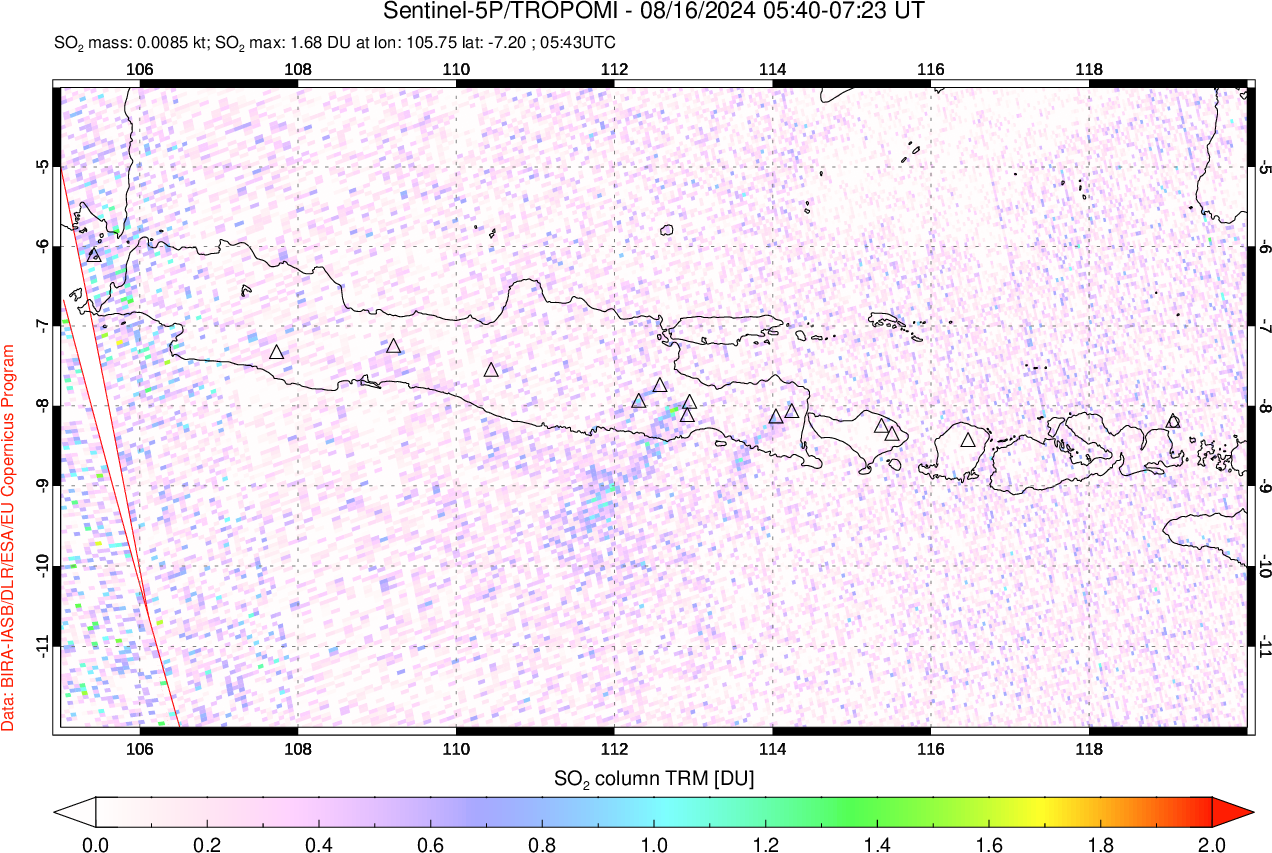 A sulfur dioxide image over Java, Indonesia on Aug 16, 2024.