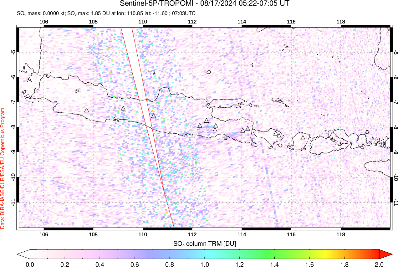 A sulfur dioxide image over Java, Indonesia on Aug 17, 2024.