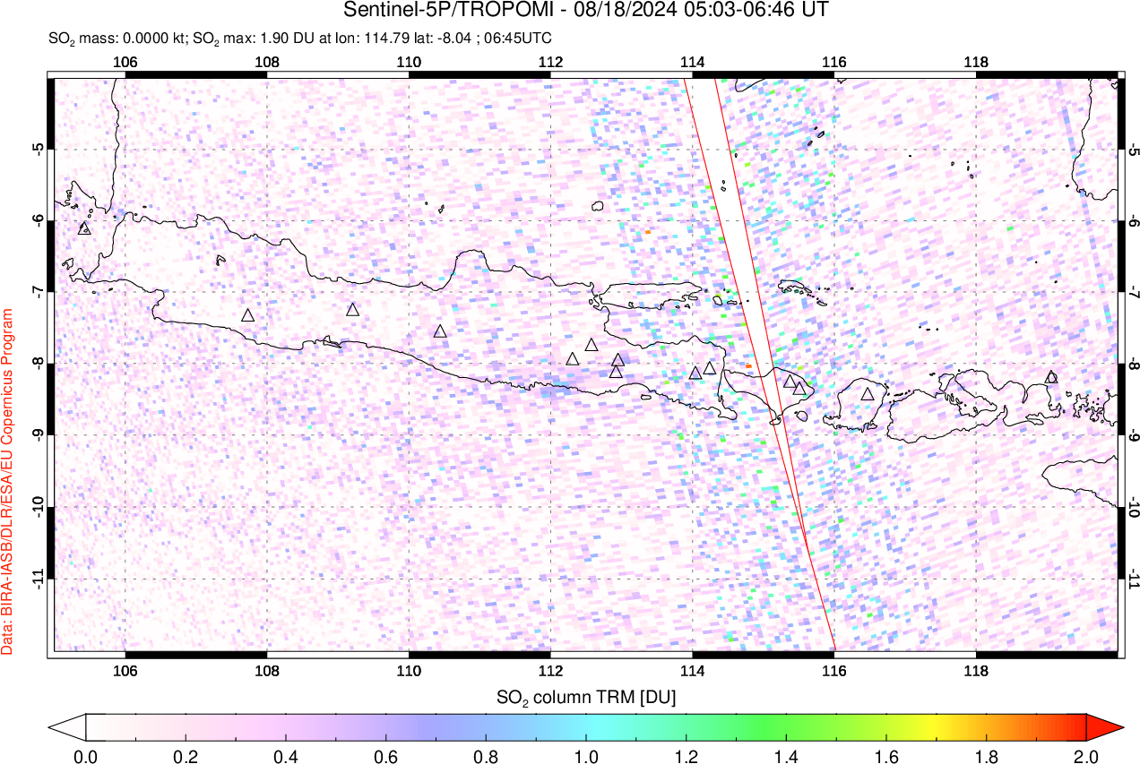 A sulfur dioxide image over Java, Indonesia on Aug 18, 2024.