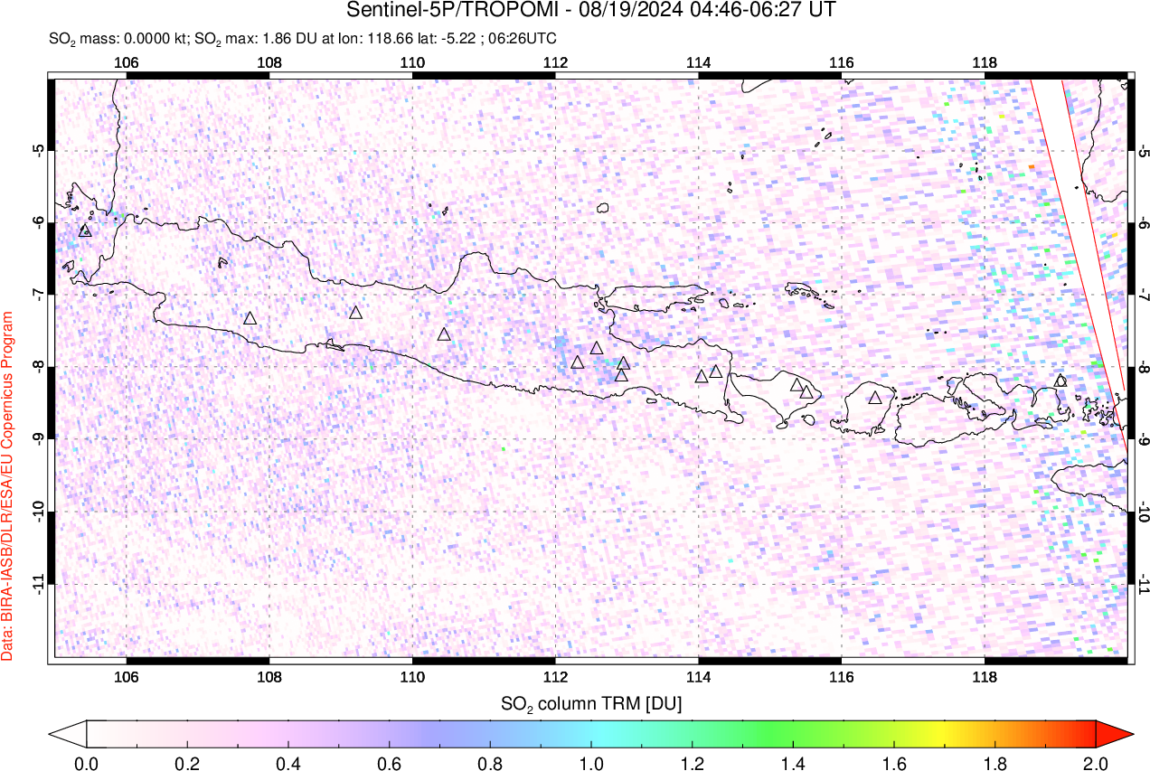 A sulfur dioxide image over Java, Indonesia on Aug 19, 2024.