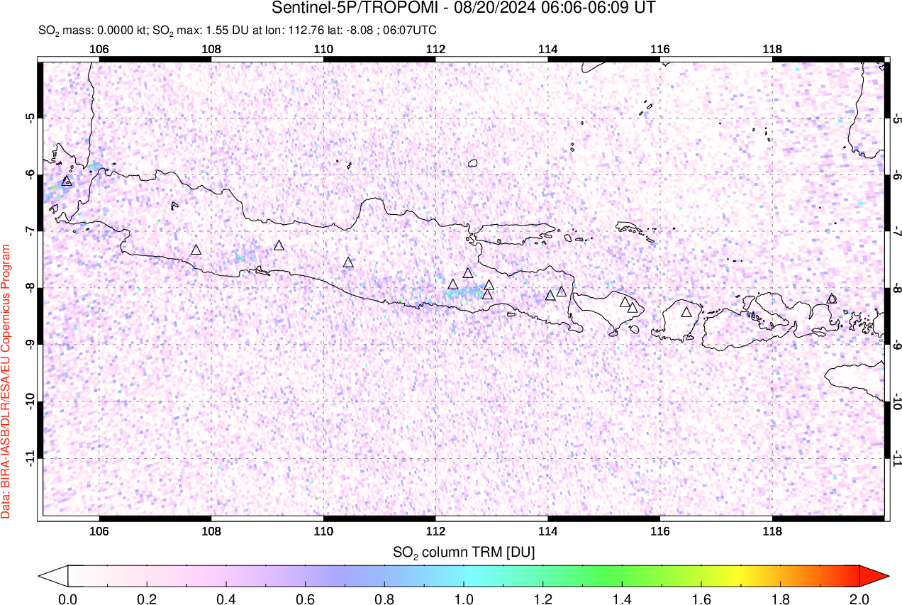 A sulfur dioxide image over Java, Indonesia on Aug 20, 2024.