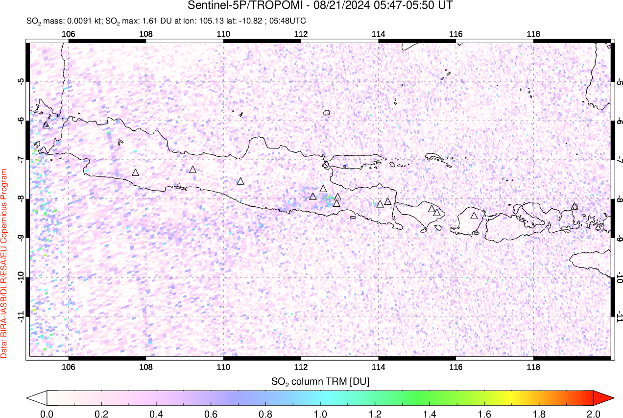 A sulfur dioxide image over Java, Indonesia on Aug 21, 2024.