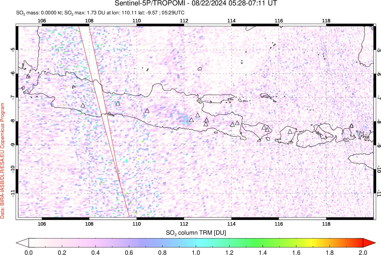 A sulfur dioxide image over Java, Indonesia on Aug 22, 2024.