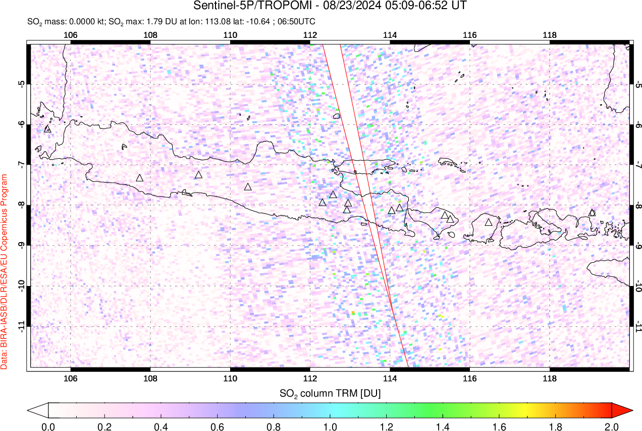 A sulfur dioxide image over Java, Indonesia on Aug 23, 2024.