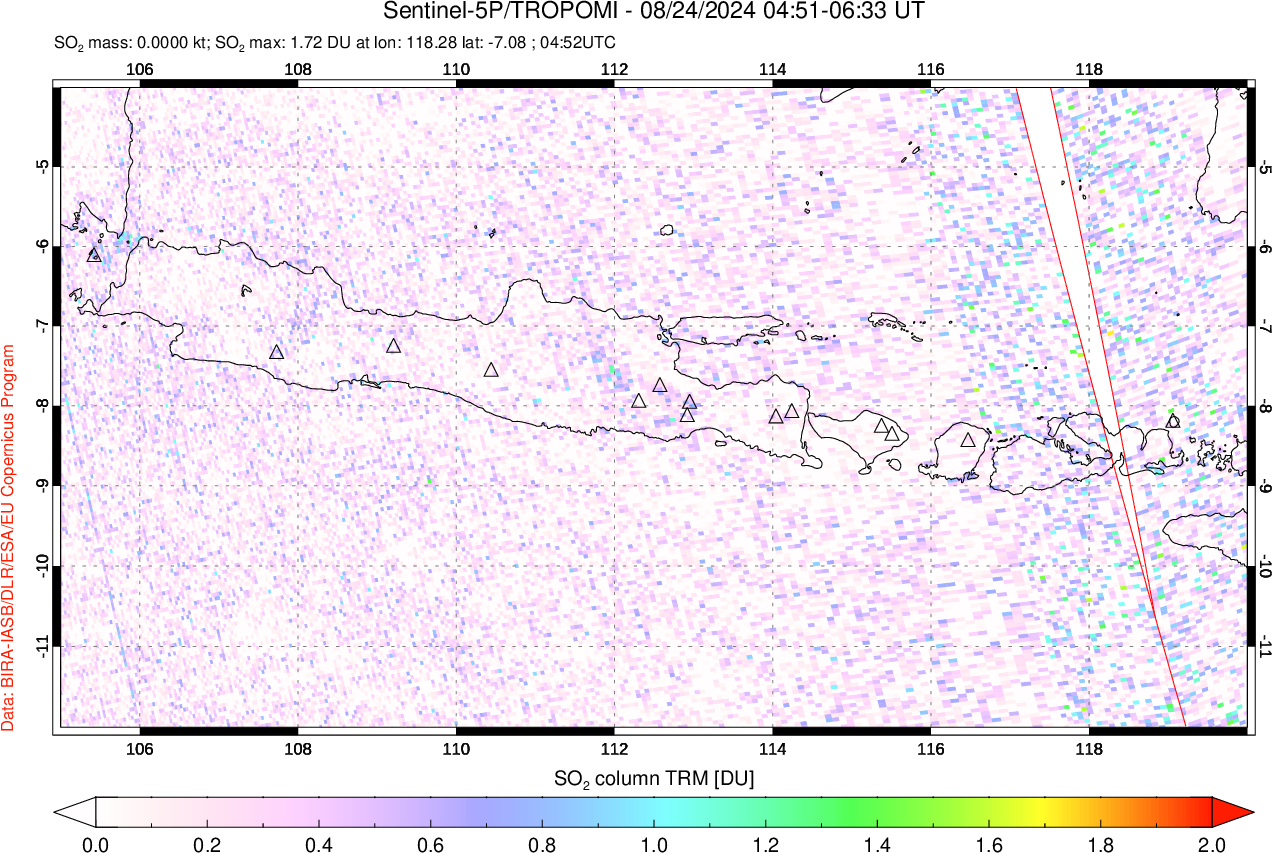 A sulfur dioxide image over Java, Indonesia on Aug 24, 2024.