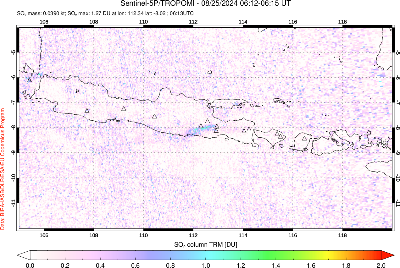 A sulfur dioxide image over Java, Indonesia on Aug 25, 2024.